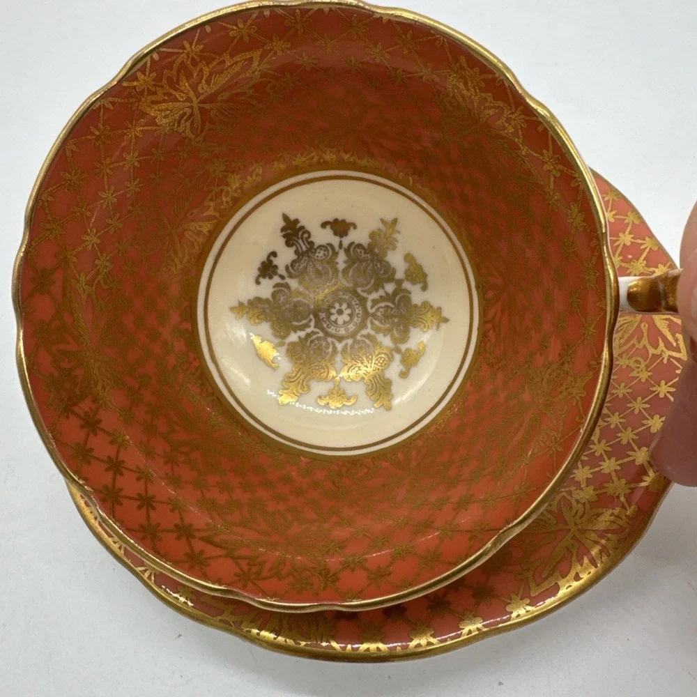 Vintage Aynsley Bone China Tea Cup & Saucer Salmon And Gold
